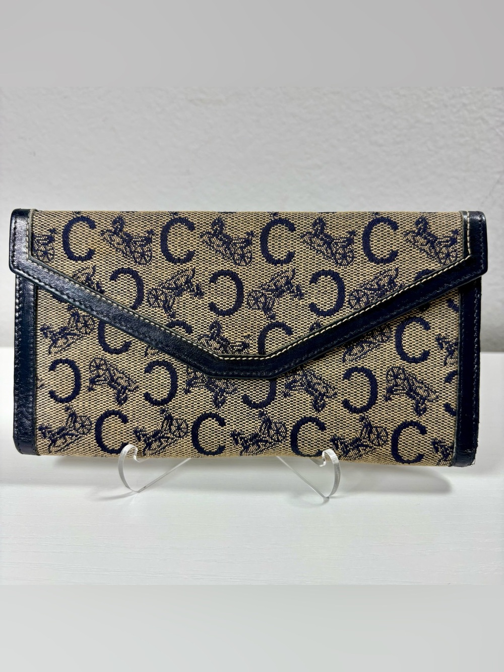 Celine Long Wallet, Navy & Beige Canvas and Leather